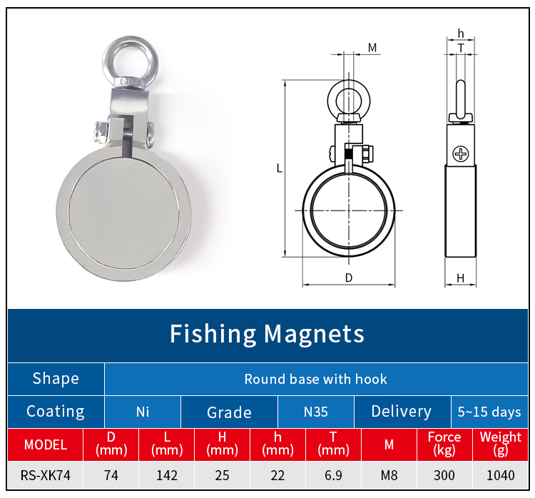 High Strength 300KG Pull Force Diameter 74mm Double-side SST Eyebolt Neodymium Fishing Magnet 高強度 300 キロ引っ張り力直径 74 ミリメートル両面 SST アイボルトネオジム釣りマグネット
